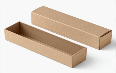Two elongated, light brown cardboard boxes, one open revealing its hollow interior, on a white background, casting soft shadows