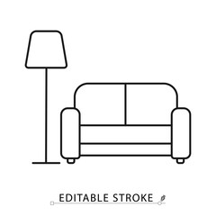 Lounge line icon with editable stroke. Vector outline of sofa and floor lamp. Minimalist symbol for hotel lobby, relaxation area, interior, comfort, living room, hospitality and leisure design.