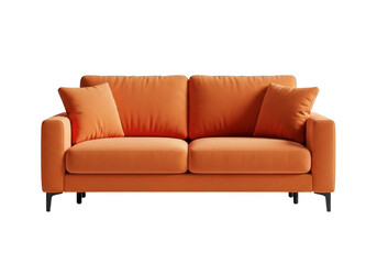 Fototapeta premium Orange two seater sofa with cushions isolated on transparent background