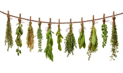 Various tied herbs hanging from a string with wooden clothespins, isolated against a bright white background