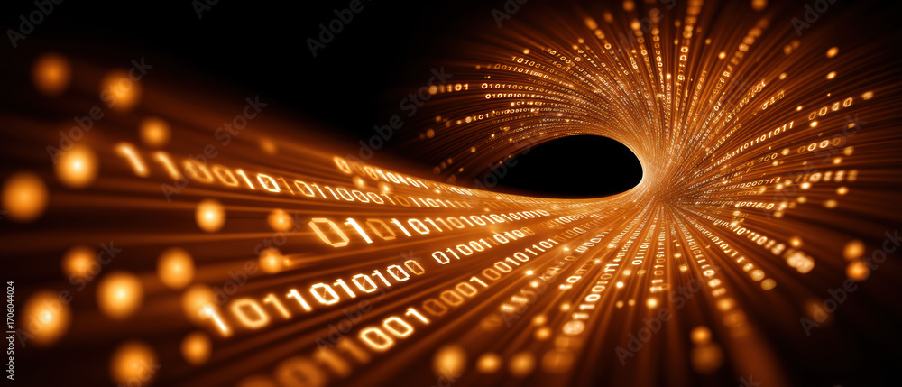 Poster data stream tunnel with glowing binary code folder visualization conveying fast information flow and
