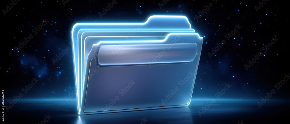 Poster glowing folder and data visualization neon blue futuristic scene showing digital document storage an