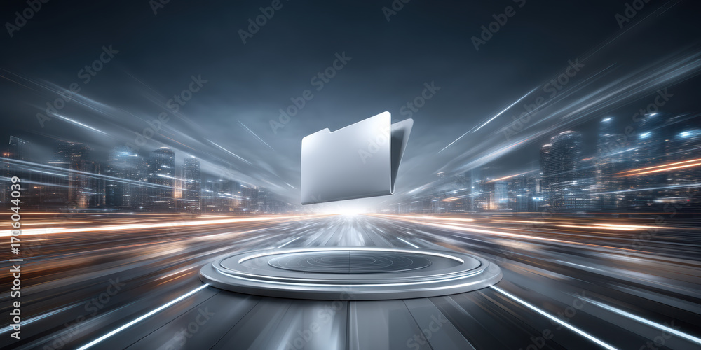 Poster futuristic folder hovering above platform in fast city data transfer scene with motion blur and neon