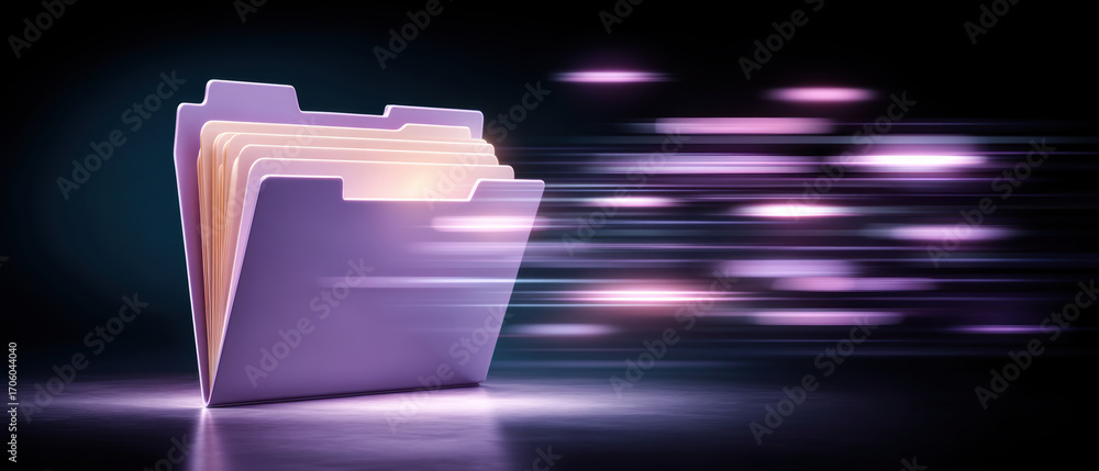 Poster glowing folder with flowing data streams suggesting fast digital transfer and organized file sharing