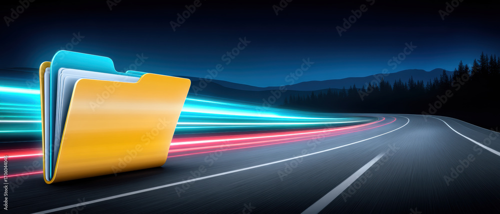 Poster folder and data flow along neon highway showing fast digital transfer and organized file structure e