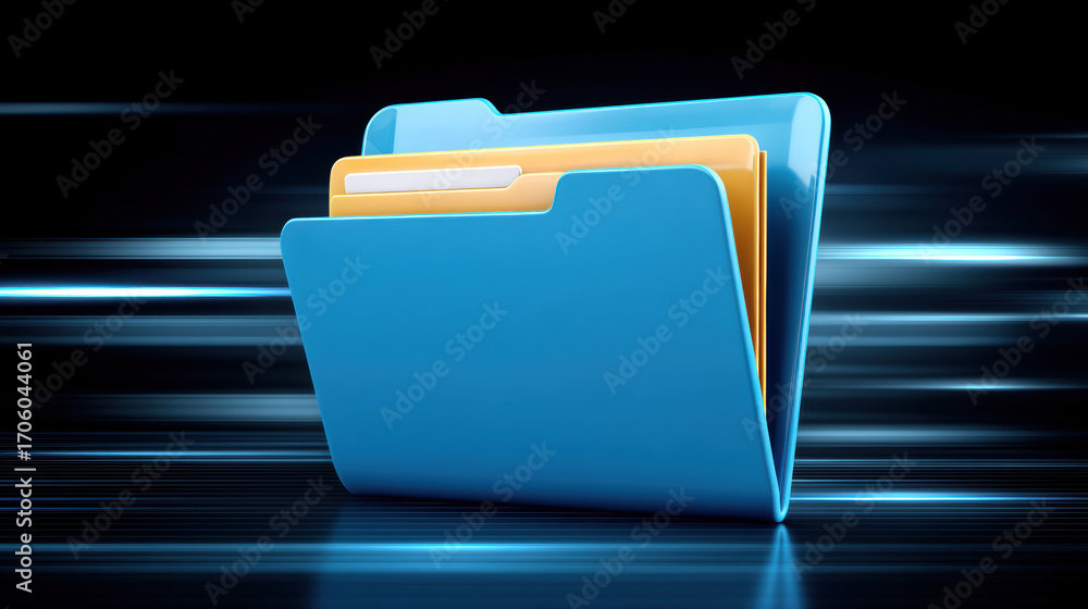 Poster blue folder and yellow file data folder icon on dark futuristic background conveying fast digital tr