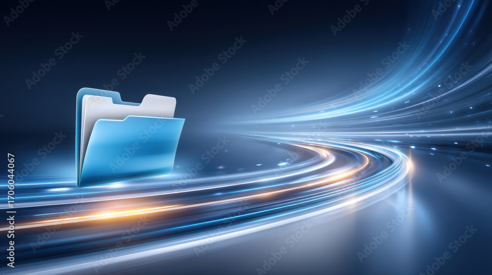 Poster digital folder with glowing data streams and flowing light trail folder data speed concept of inform