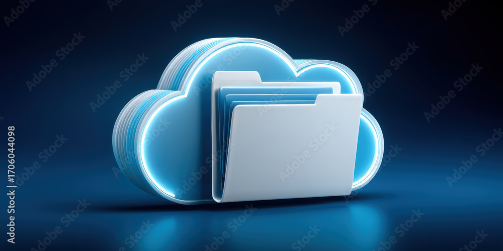 Poster cloud folder and data concept glowing blue cloud with folder icon representing secure online storage
