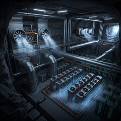 high-tech data center housed in an underground cave, featuring a powerful cooling and ventilation system. This image illustrates a futuristic, sustainable approach to server hosting