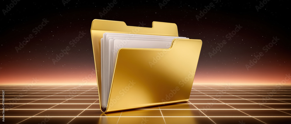 Poster gold folder with pages and glowing data grid background folder data storage concept with warm light 