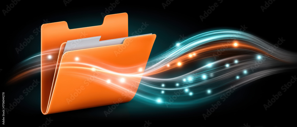 Poster orange folder glowing with flowing data stream and light particles symbolizing digital file transfer