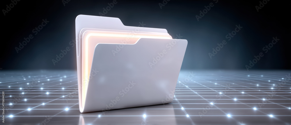 Poster glowing data folder stands on futuristic grid symbolizing organized digital storage and secure file 