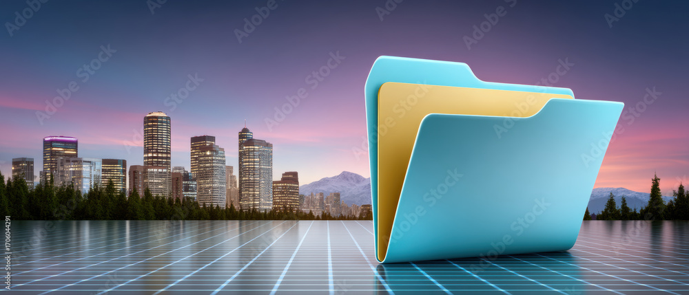 Poster modern folder icon reflective grid with city skyline mountain backdrop folder and data organized vis