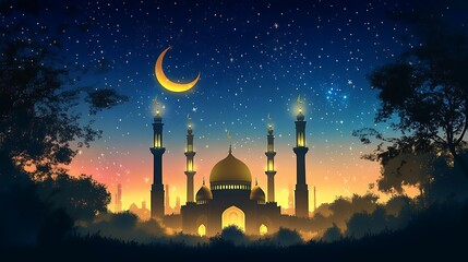 Golden Domed Mosque Silhouette with Crescent Moon and Starry Night Sky
