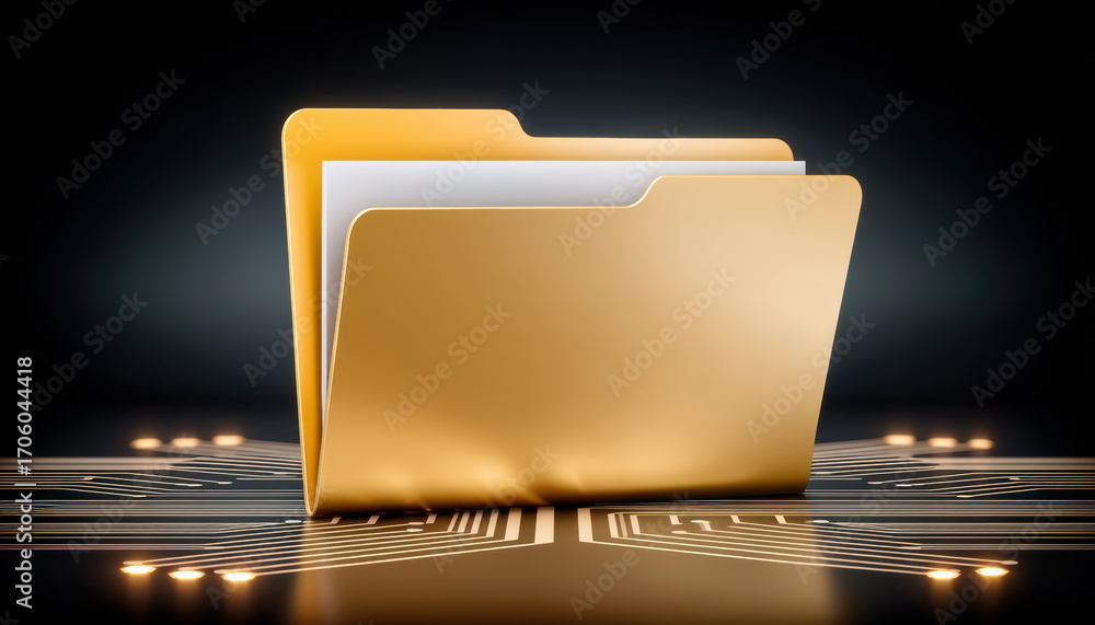 Poster golden folder and document symbolize organized digital data and secure file storage illuminated circ