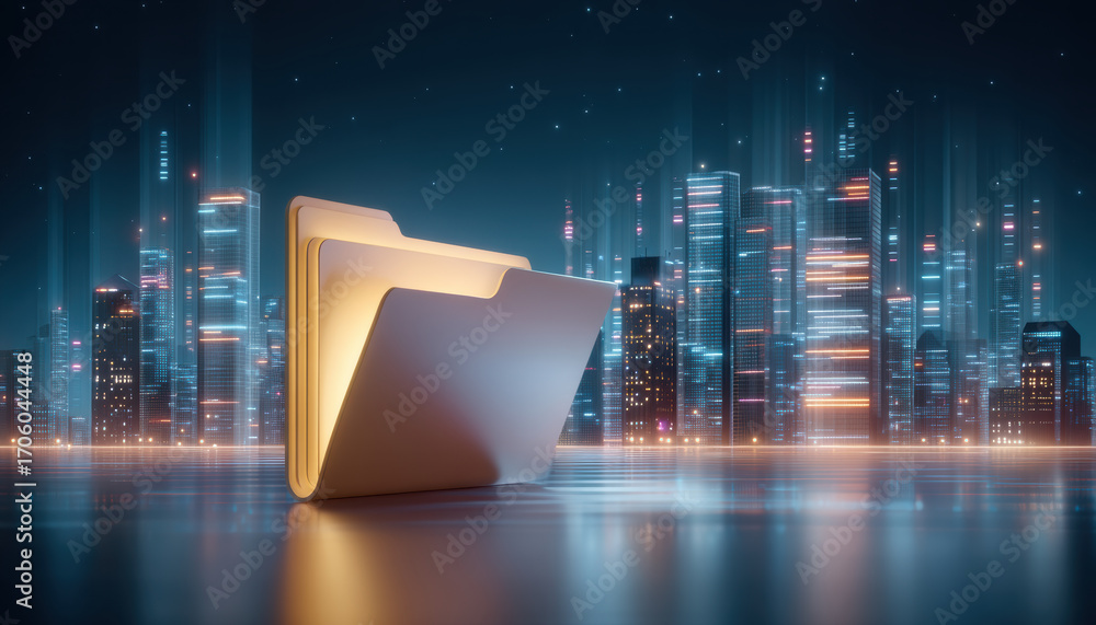 Poster digital folder glowing with data futuristic city night skyline showing illuminated file storage and 