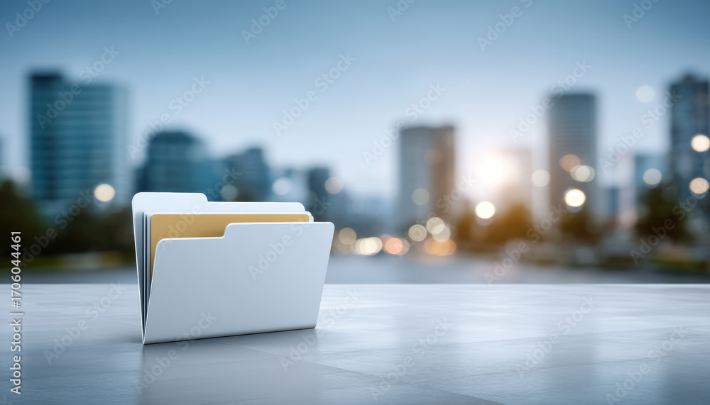 Poster folder and data organized in neat file folder on reflective surface with blurred city skyline backgr