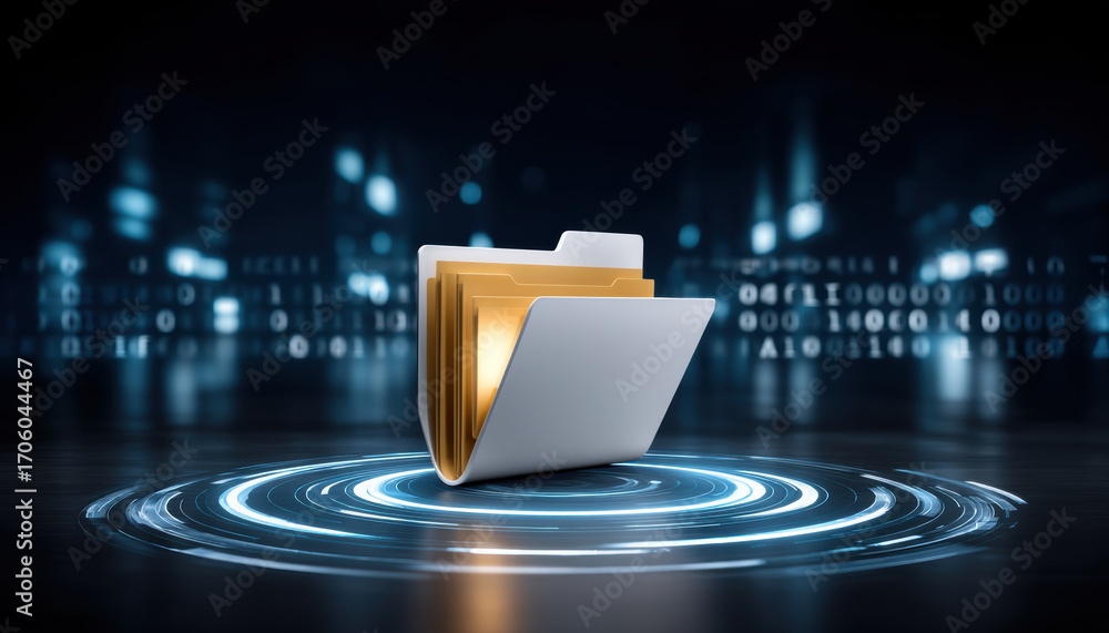 Poster folder data storage concept with glowing file folder and digital rings conveying secure information 