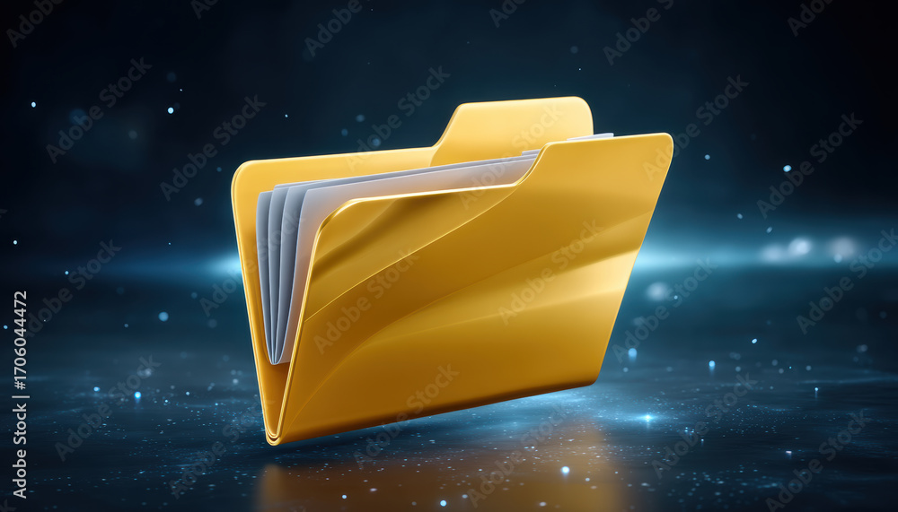 Poster yellow data folder icon floating in glowing digital space with papers inside and soft light creating
