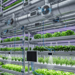 illustrates advanced technology for sustainable urban agriculture, including hydroponics, automated irrigation, and complex ventilation systems.