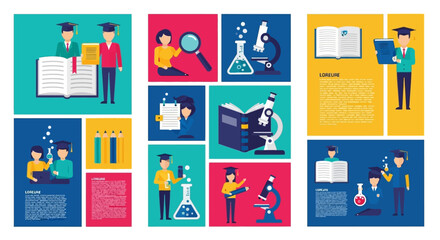 Students studying science, books, and experiments.