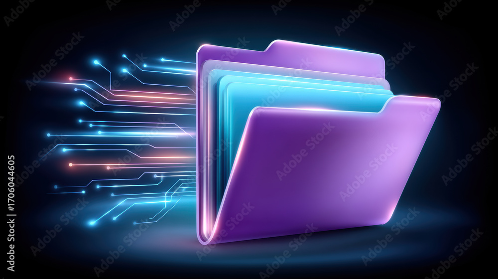 Poster digital folder and data stream glowing with neon light and circuit lines conveying fast information 