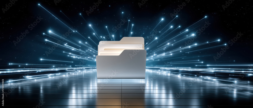 Poster folder and data concept with glowing file folder reflective surface and radiant data stream behind e
