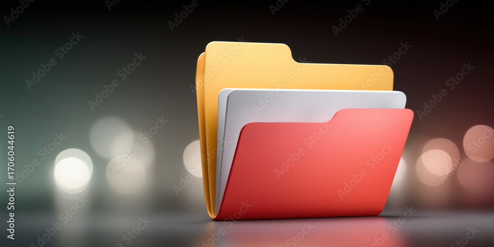 Poster colorful folder trio reflective surface with soft bokeh background conveying organized data and digi