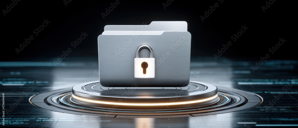 Poster secure folder with data icon and lock on futuristic platform conveying privacy and encrypted storage