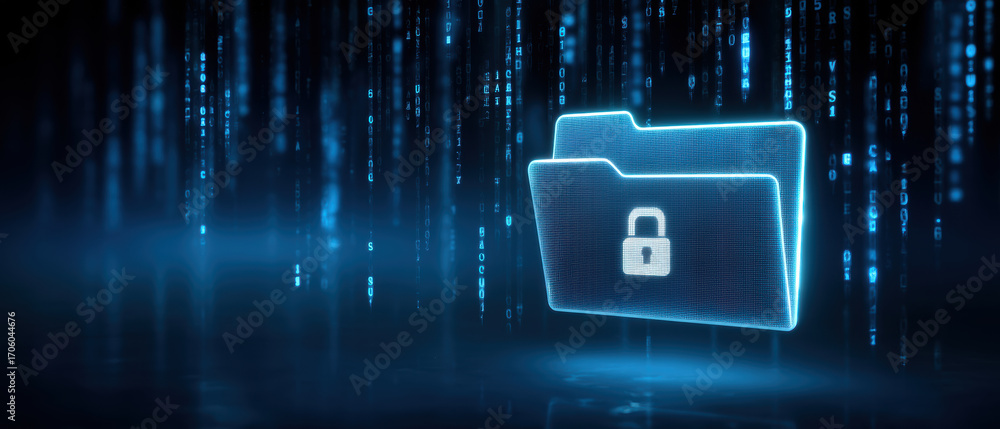 Aufkleber secure digital folder and data protection concept glowing neon folder with lock symbol futuristic cy