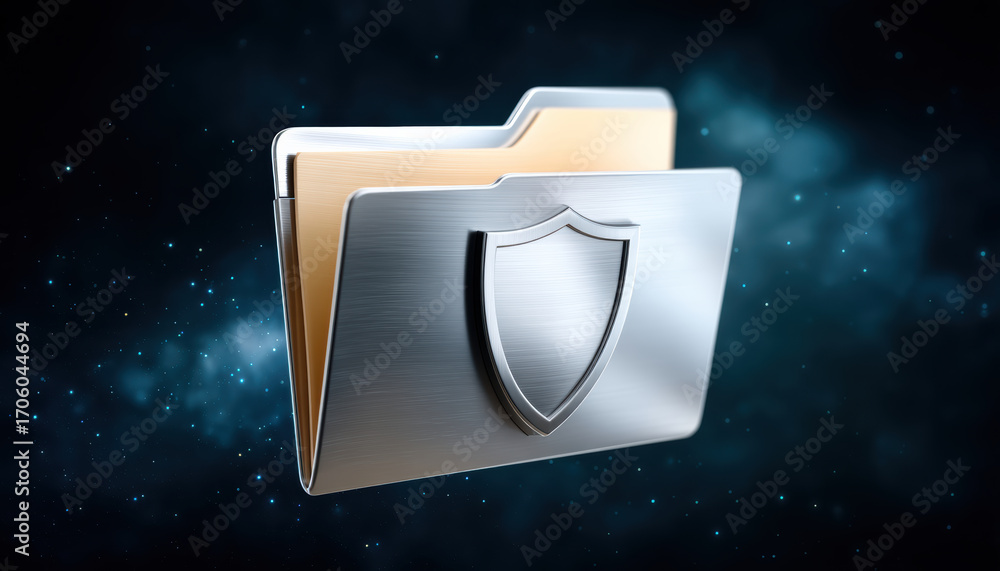 Poster secure metal folder with shield emblem and glowing data folder in cosmic background conveying protec