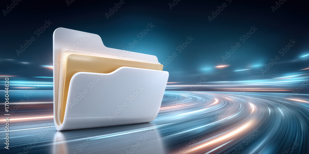 Poster glossy folder with data files on futuristic light trail conveying fast digital transfer and secure s