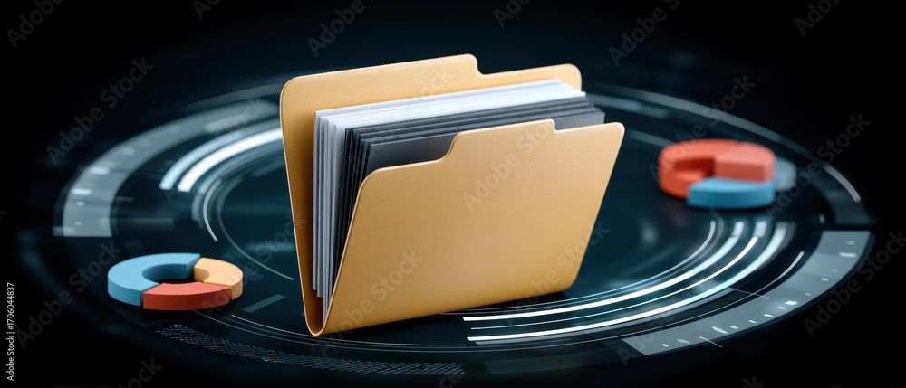 Poster folder and data organized in golden file folder on digital interface conveying secure information ma