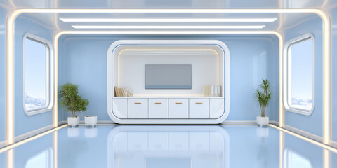 Fototapeta premium Futuristic blue interior data folder with sleek cabinet and plants creating calm modern living space gentle light and airy mood
