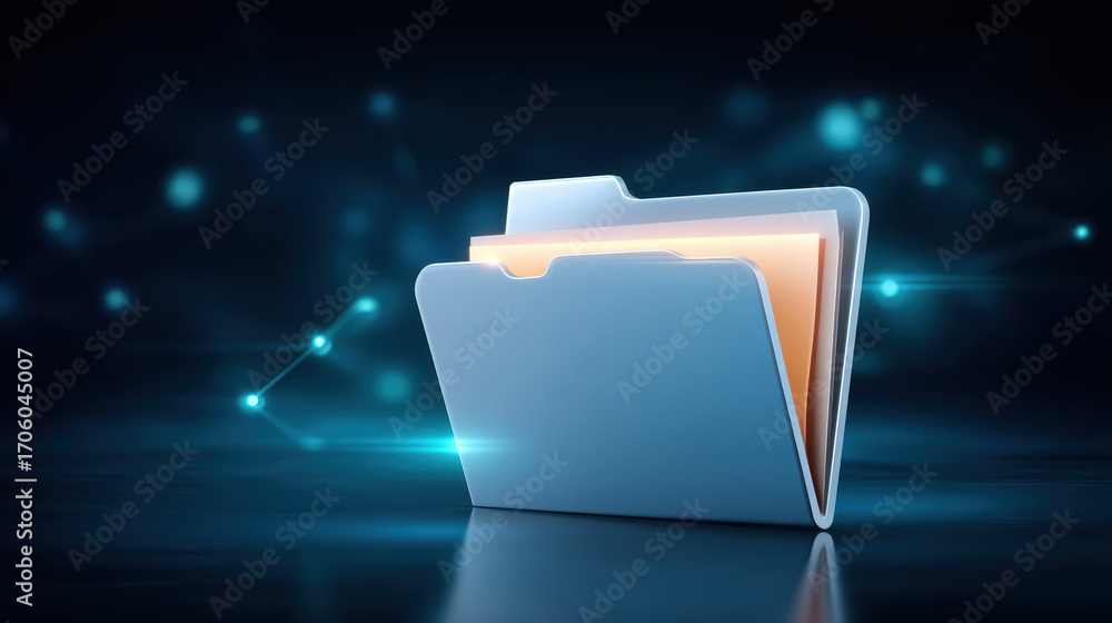 Poster folder icon with glowing data file inside on futuristic network background evokes digital organizati