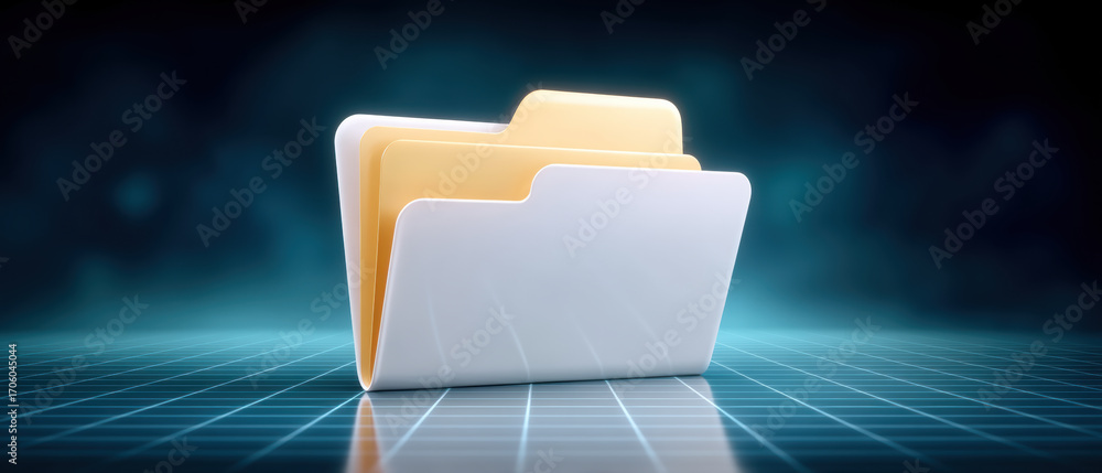 Aufkleber folder and data organized in minimalist digital folder on glowing grid surface conveying secure info