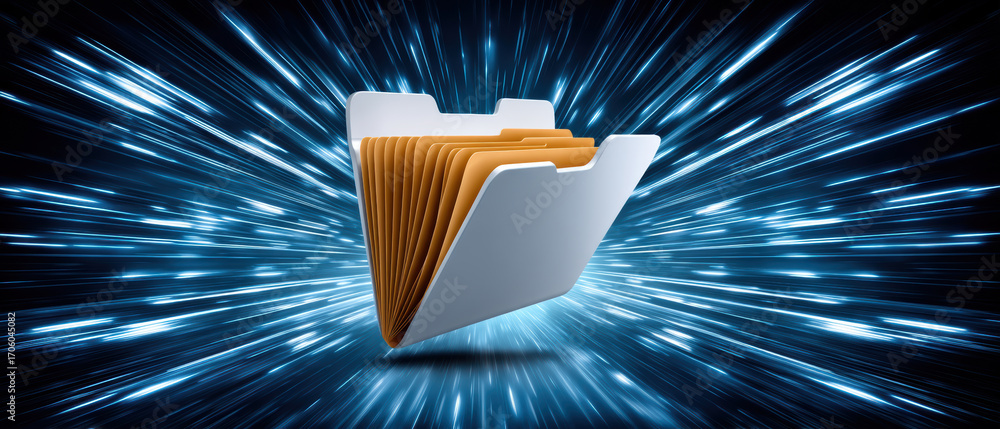 Poster folder and data icon floats amid blue light streak conveying fast digital file transfer and secure i