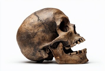 Fototapeta premium Close-up of a worn human skull. The bone is brown and aged, with evident cracks. It stands on a white surface, lit from the left