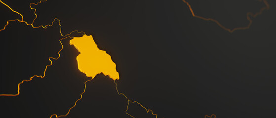 Golden Kashmir 3d map surrounded with other countries in black with golden borders and shallow dof. Asia political map with borders