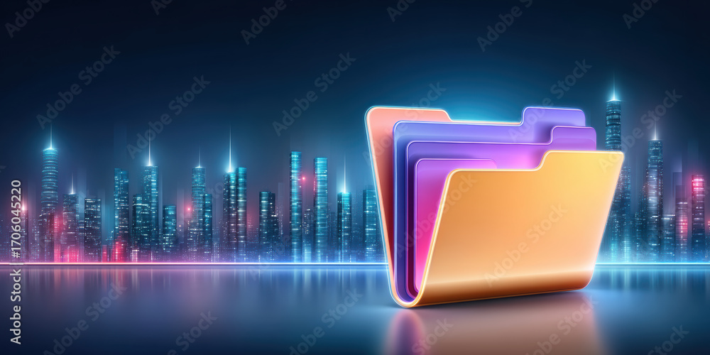 Poster digital folder glowing over futuristic city skyline with organized data and secure storage creating 