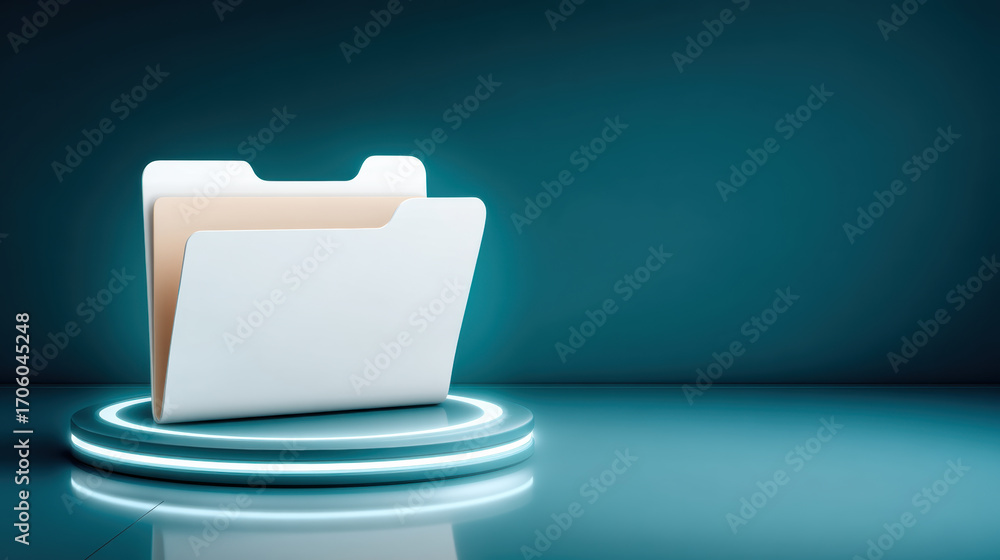Poster white folder with glowing data ring standing on futuristic platform conveying digital file organizat