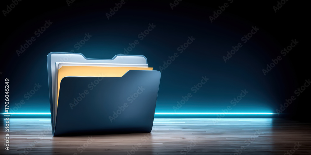 Poster folder and data concept folder with glowing blue folder and yellow file inside on wooden floor conve