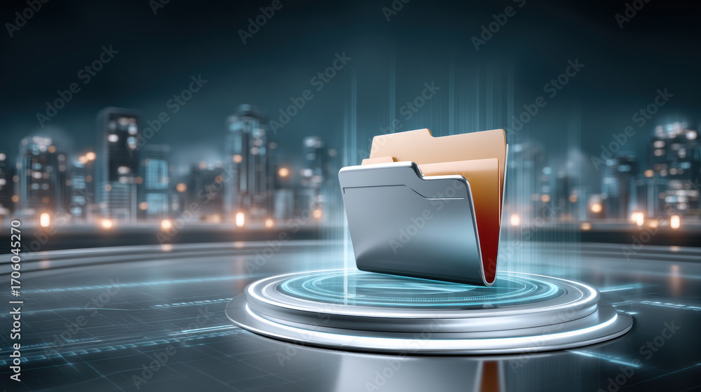 Poster folder and data icon glowing futuristic platform cityscape with holographic light and digital networ