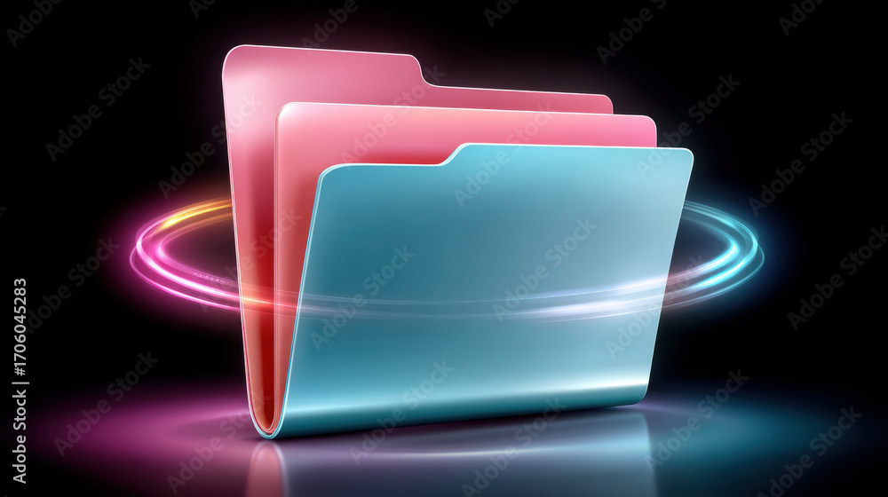 Poster colorful data folder icon with glowing ring and dynamic light effects conveying digital organization