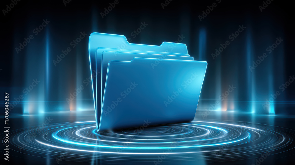 Poster futuristic folder and data visualization glowing blue in digital space with circular light waves and
