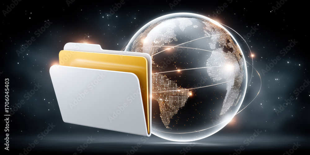 Aufkleber global data folder concept with illuminated globe and folder icon representing secure file transfer 