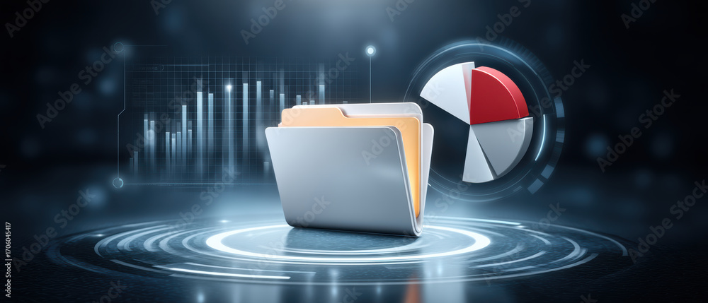 Aufkleber folder and data visualization with digital file folder and pie chart glowing in futuristic interface