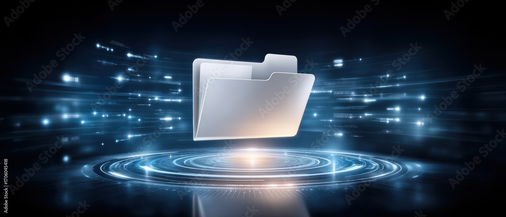 Poster digital folder and data transfer concept with glowing network lights and circular virtual interface 