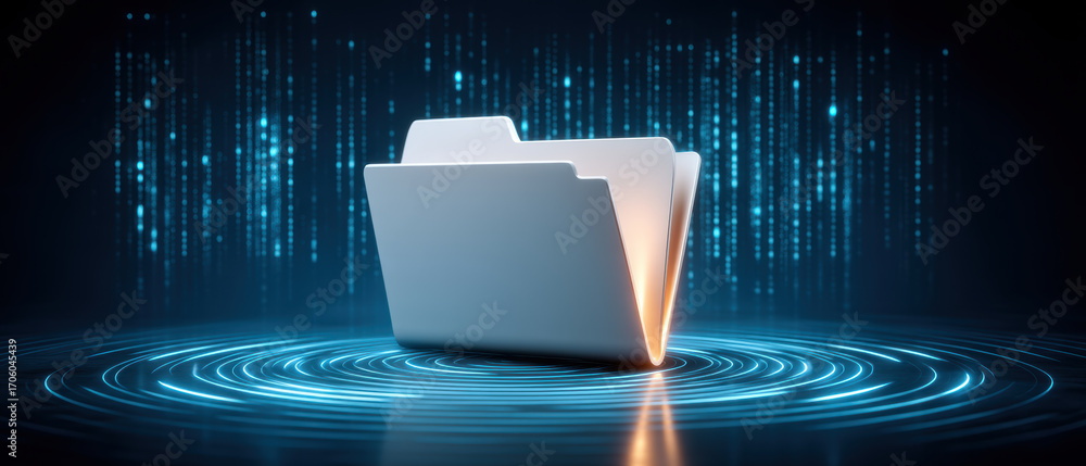 Poster digital folder and data storage concept glowing file folder on futuristic background with blue circu