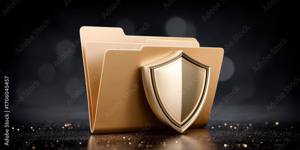 Leinwandbilder golden folder and shield icon representing secure data folder and protected data storage with elegan